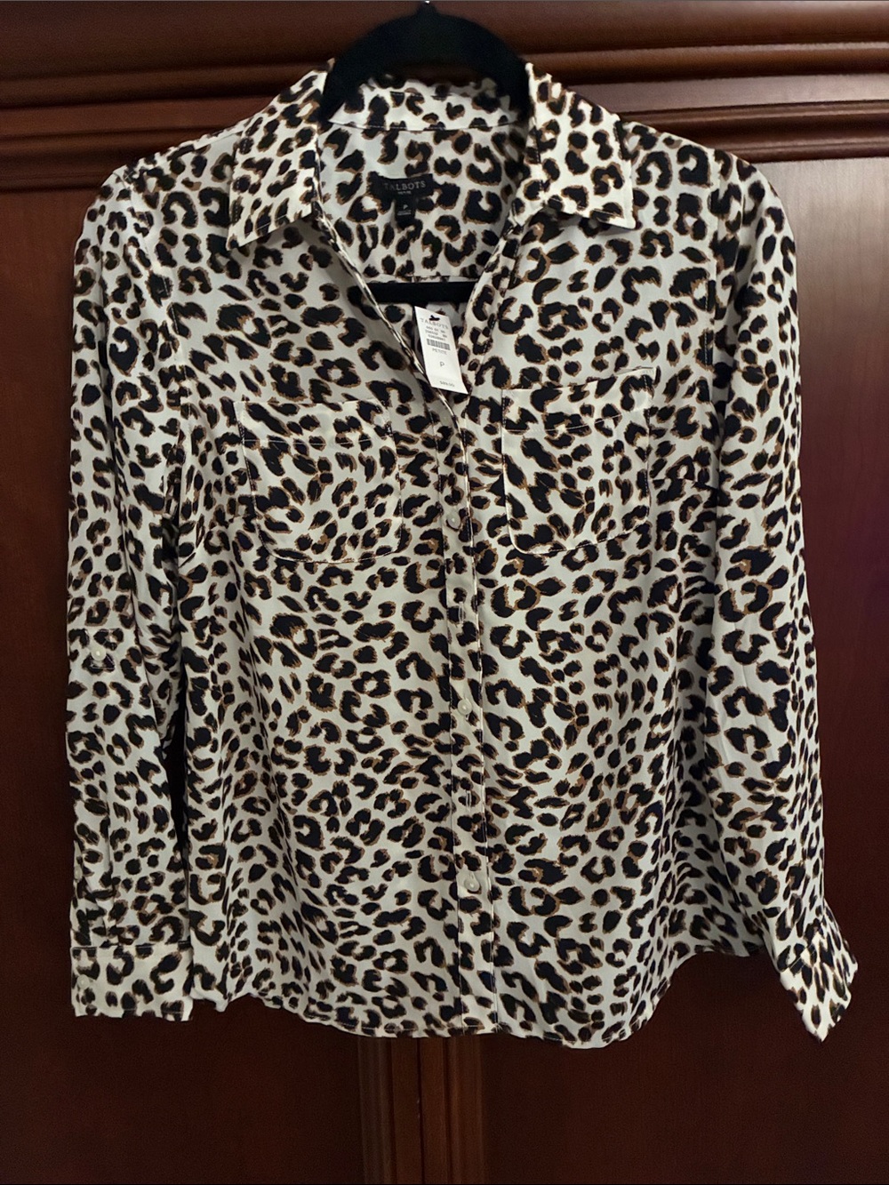 Talbots Womens Leopard Print Button-Down Shirt in Cream and Brown